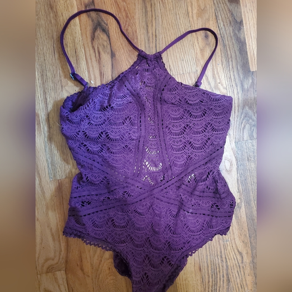 BECCA L Purple Crochet High Neck Criss Cross One Piece Swim Suit